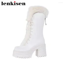 Boots Lenkisen Wool Cow Split Leather Round Toe Thick Bottom Sweet Snow Keep Warm Fur Zipper Cross-tied Mature Thigh High