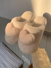 Slippers Korean Cute Heart For Women Girls Winter Warm Fluffy House Home Cotton Shoes Solid White Slipper