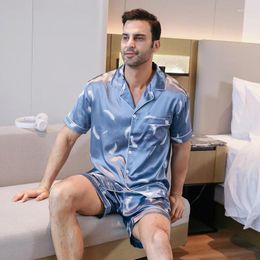 Home Clothing 2pcs Men's Casual Printing Pattern Pajamas Sets Short Sleeve Lapel Neck Shirt Elastic Waist Loose Shorts Lounge Wear