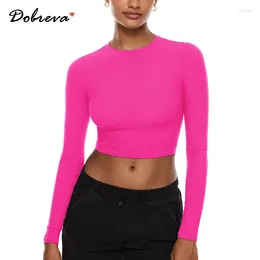 Women's T Shirts Long Sleeve Crop Tops Crew Neck Ribbed Fitted Basic Fall Winter Tee White Black Red Pink