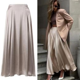 Skirts Women Maxi Skirt Silky Stain Loose Elastic High Waist A-line Big Swing Solid Colour Dating Commute Style Long Lady