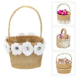 Gift Wrap Vintage Flower Basket Burlap Jute Roses Rustic Wedding Girl With Lace Satin Party Candy Bag