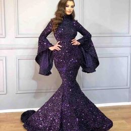 Arabic Bling Bling Sparkly Purple Sequined Mermaid Prom Dresses Bell Sleeves Poet Sweep Train Beaded Formal Evening Gowns Pageant Dress 230R