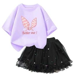 Clothing Sets Girls Fashion Clothing Set Summer Rabbit Ear T-shirt and Fluffy Tutu Dance Ski Childrens Clothing 2PCS Set Holiday Party ClothingL2405