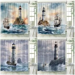 Shower Curtains Sea Waves Nautical Island Lighthouse Sailboat Ocean Landscape Bath Curtain Polyester Bathroom Decor With Hooks