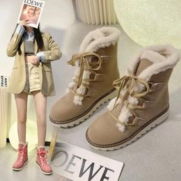 Boots Winter Women Fluffy Casual Warm Fur Mid-Calf Shoes Lace Round Toe Platform Snow Fashion