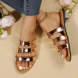 Casual Shoes 2024 Summer Women's Slippers Fashion Gold Band Designer Flat Sandals Bright Leather Womens Female Party