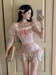 Women's Jackets Floral One-shoulder Top Summer Lace Cake Skirt Two-piece Suit Female Korean Girls Style Sweet 2024
