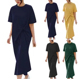 Casual Dresses Women's Short Sleeve T Shirt Dress 2024 Summer Solid Pocket Swing Loose Knotted Long Maxi Oversized Vestidos