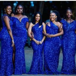 Royal Blue Sequins Bridesmaid Dresses 2022 Mermaid Floor Length Satin One Shoulder Custom Made Plus Size Maid of Honour Gown Country Bea 2987