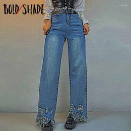Women's Jeans Bold Shade Grunge Boy Friend Style Denim Tassel Solid High Waist Loose Women Streetwear 90s Trousers Winter