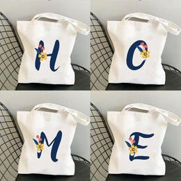 Storage Bags 26 Letters Tote Bag Blue Character Printing Large Capacity Canvas Shoulder Flower Plants Female Foldable Shopping