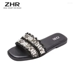 Slippers 2024 Pearl Slides Bohemia Women Sandals Flats Shoes Flip Flops Luxury Flat Female Open Toe Mules Elegant