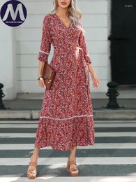 Casual Dresses For Women 2024 Summer Printing Three-quarter Sleeve V Neck Dress DressFashionable Loose Lace Up Beach