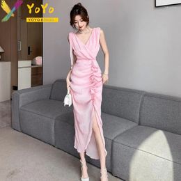 Casual Dresses Elegant Pink Ruffled V-neck Sleeveless Pleated Slit Dress 2024 Fashion Luxury Slim Bodycon Party Club Temperament