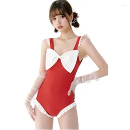 Women's Swimwear Lolita Backless One Piece Swimsuit Women Big Bowknot High Cut Ruffled Monokini Bathing Suit Maid Cosplay Bodysuit