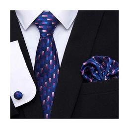 Neck Tie Set Jacquard Newest design Silk Festive Present Tie Handkerchief Cufflink Set Necktie Mans Plaid Yellow Shirt Accessories