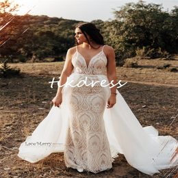 Fantasy Fulllace Mermaid Wedding Dresses With Detachable Train Outdoor Bohemian Plus Size Bride Dress 2 In 1 Rustic Country Bridal Gowns Boho Gatsby Celtic Mariage