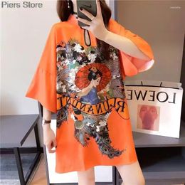 Ethnic Clothing Summer Chinese Stand Collar T-shirt Women Vintage Style Print Long Tshirts Female Short Sleeve Oversized Orange Tee Top