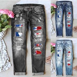 Women's Jeans Womens Independence Day Print Ripped Jean Pants For Women Cut Up Designer Wide Leg High Fashion