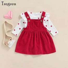 Clothing Sets Tregren Valentine's Day Infant Born Baby Girls Clothes Heart Pattern Ruffle Long Sleeve Romper Corduroy Suspender Skirt Set