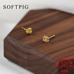 Stud Earrings SOFTPIG Real 925 Sterling Silver 18K Gold Flower For Fashion Women Party OL Fine Jewellery Minimalist Accessories