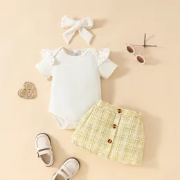 Clothing Sets Summer Infant Baby Girls 3pcs Clothes Fashion Ribbed Short Sleeves Rompers Plaid Buttons Skirt Hairband Children Outerwear