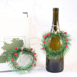 Decorative Flowers Mini Handmade Christmas Wreath Diy Artificial Red Berry Pine Needle Xmas Tree Pendant Wine Bottle Home Party Wedding