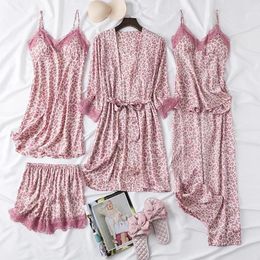 Women's Sleepwear 5 Pieces Pajamas Set Sexy Lace Satin Women Spring Autumn Fashion Leopard For Sleep Lounge