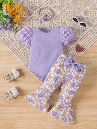 Clothing Sets Summer Cute Toddler Girl Solid Color Knitted Bubble Sleeve Top Floral Full Print Flared Pants Two-Piece Set With Headscarf