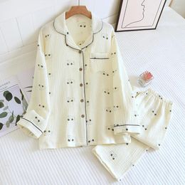 Home Clothing Pure Cotton Gauze Cartoon Minimalist Pyjamas For Women In Spring And Autumn 2024 Summer Long Sleeved Set Washed Crepe Fabric