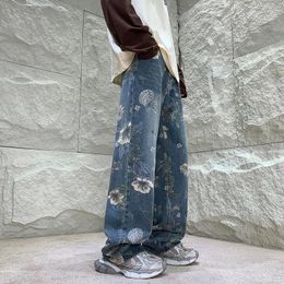 Baggy Flower Jeans mens fashionable ultra-fine wide leg jeans mens street clothing hip-hop loose straight denim pants mens Trousers S-XL 240430
