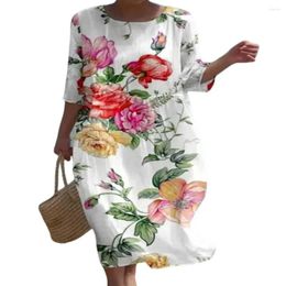 Casual Dresses Summer Women Dress Flower Print Round Neck Loose Half Sleeves Thin A-line Bohemian Midi