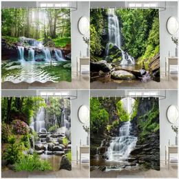 Shower Curtains Waterfall Landscape Spring Forest Green Trees Plants Nature Scenery Polyester Fabric Bathroom Curtain Decor Set