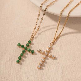 Pendant Necklaces Minar Cool Simulated Pearl Green Natural Stone Cross Pendant Necklaces Women Man Unisex Gold Plated Stainless Steel Choker