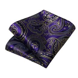 Neck Tie Set New Arrival Luxury Purple Paisley Mens Ties Handkerchief Cufflinks Groom Wedding Party Men Suits Accessories 8cm Gift Necktie