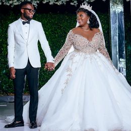 Gorgeous White Plus Size Wedding Dresses African Women Beaded Long Sleeves Crystal Sheer Jewel See Though Top Bridal Dress Custom Party 258y