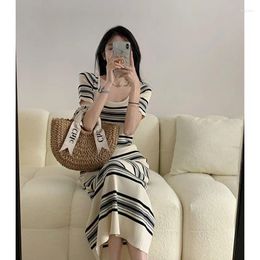 Casual Dresses Women's 2024 Stripe Short Sleeve Halter Long Dress Sling Summer Square Collar Knit Woman Clothing