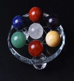 Natural 7 pcs crystal Ball Chakra quartz Sphere Healing gem Stone Beads Fengshui Decor Glass Stand3834397