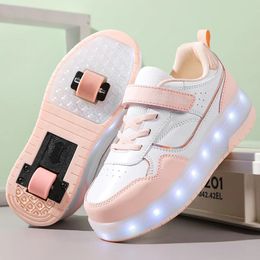 Pink Fashion Girls Boys LED Light Roller Skate Shoes for Children Kids Sneakers with Wheels Two 240426