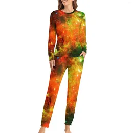 Women's Sleepwear Colorful Starry Nebula Pajamas Galay Print Two Piece Sleep Home Suit Lady Long Sleeve Lovely Oversize