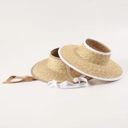 Wide Brim Hats Women Sun Hat Emporty Top Ribbon Tie Straw Summer Visor Beach