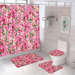 Shower Curtains Floral Curtain Set Non-Slip Rug Toilet Lid Cover Bath Mat Fabric Pink Rose Flower Spring Wedding Women Bathroom