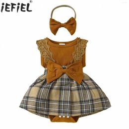 Girl Dresses Baby Girls Sleeveless Casual Lace Bow Plaid Romper Dress With Headband Summer Daily Birthday Party Holiday Phorography Bodysuit