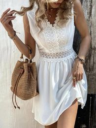 Casual Dresses White Lace Patchwork Mini Dress Women Summer Vintage Sleeveless Short Female Fashion Hollow Out High Waist Beach