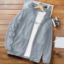 Men's Casual Shirts Summer New Mens Sunscreen Jacket Elastic Ice Silk Ultra Thin Solid Color Hooded Outdoor Sports Fishing Clothing Q240510