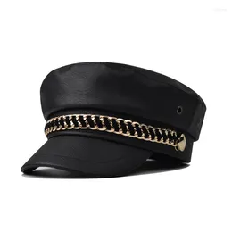 Berets Fashion Girl PU Leather Military Caps Spring Autumn Sailor Hats For Women Black Grey Flat Top Captain Cap Travel Cadet Hat
