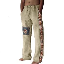 Men Casual Tieup Trouser Classic Pattern Print Man Cotton Linen Pants Spring Summer Fashion Loose Drawstring Straight Long Pant 240430