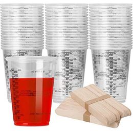 Disposable Cups Straws 8 Oz Measuring Cup Clear Plastic Mixing For Epoxy Resin With 80 Wooden Stir Bars Dyeing Paint