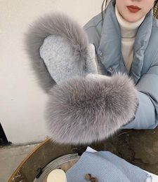 Five Fingers Gloves Women Winter Luxury Real Fox Fur Gloves Wool Kintting Mittens Girls Ski Warm Fur Mitts Russian Lady Wrist Glov2900607
